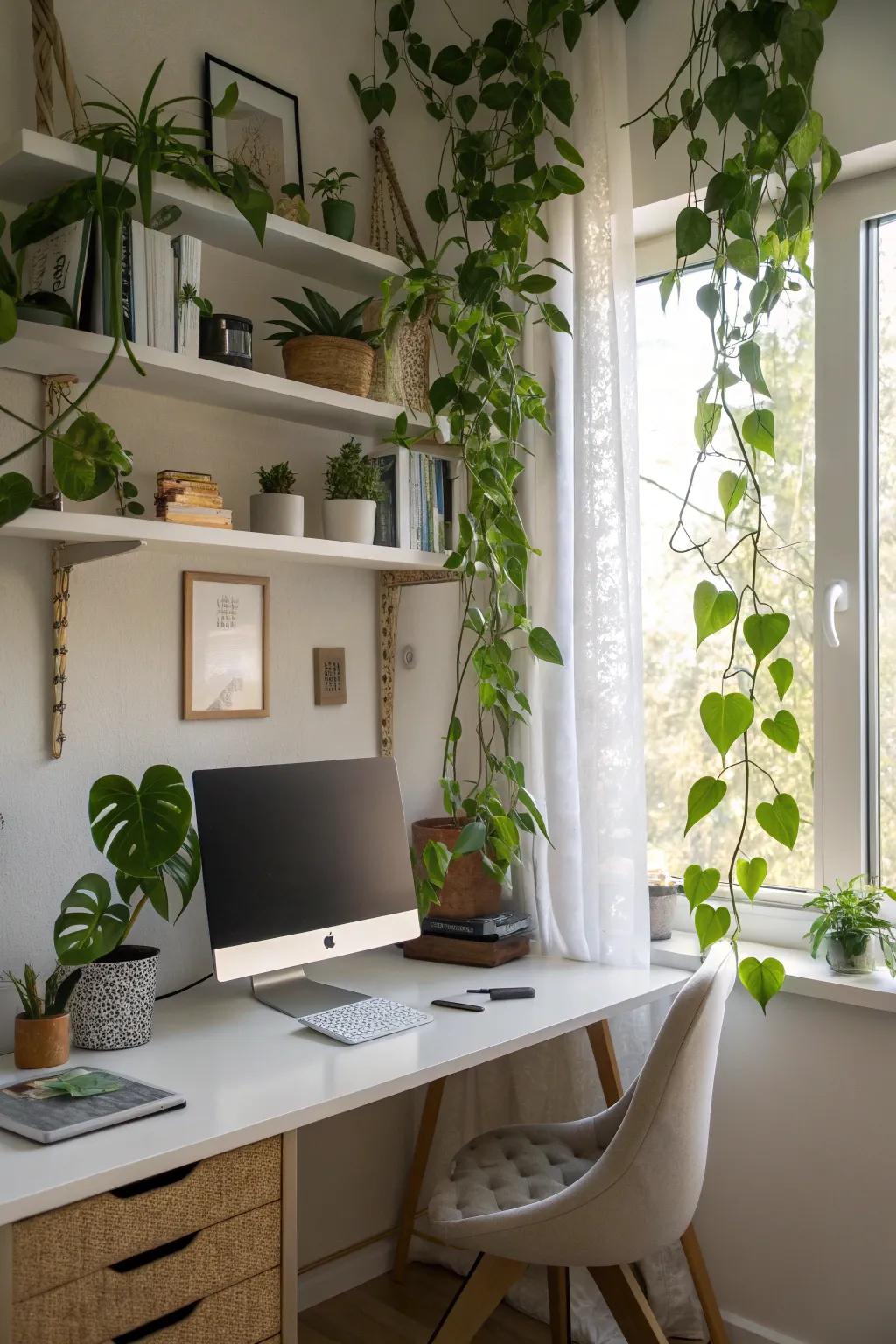 چیدمان پتوس روی شلف کنار فضای کار