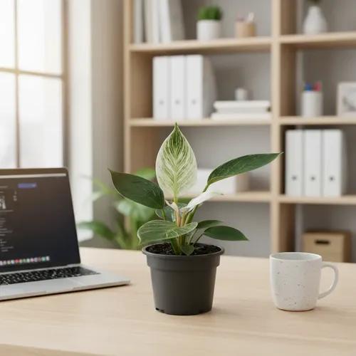 فیلودندرون بیرکین کوچک روی میز کار کنار لپتاپ