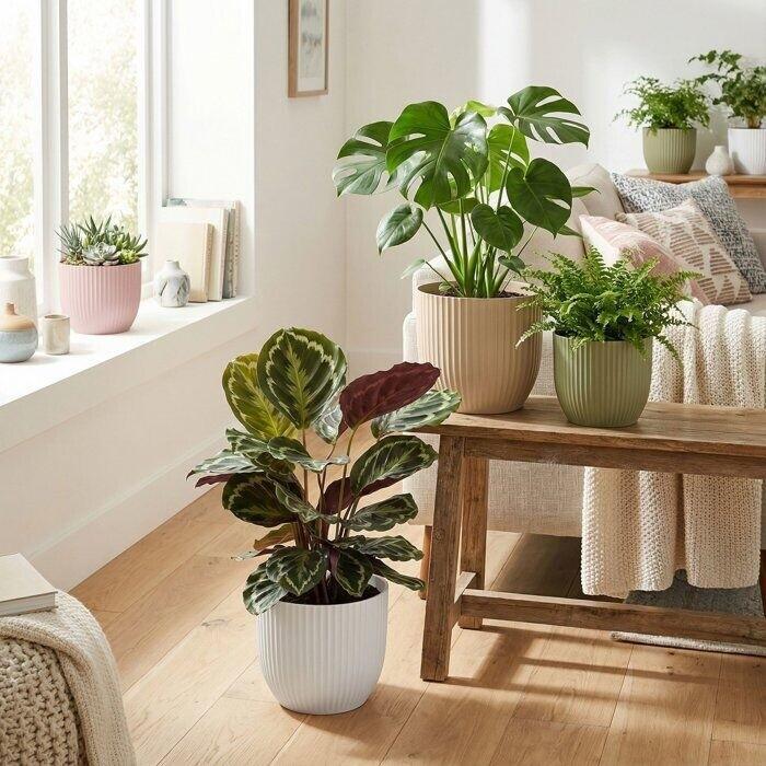 گلدانهای برگزینتی روی نیمکت چوبی کنار پنجره