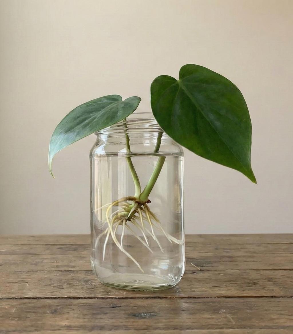 ریشه‌های بلندتر آنتوریوم در ظرف شیشه‌ای آب